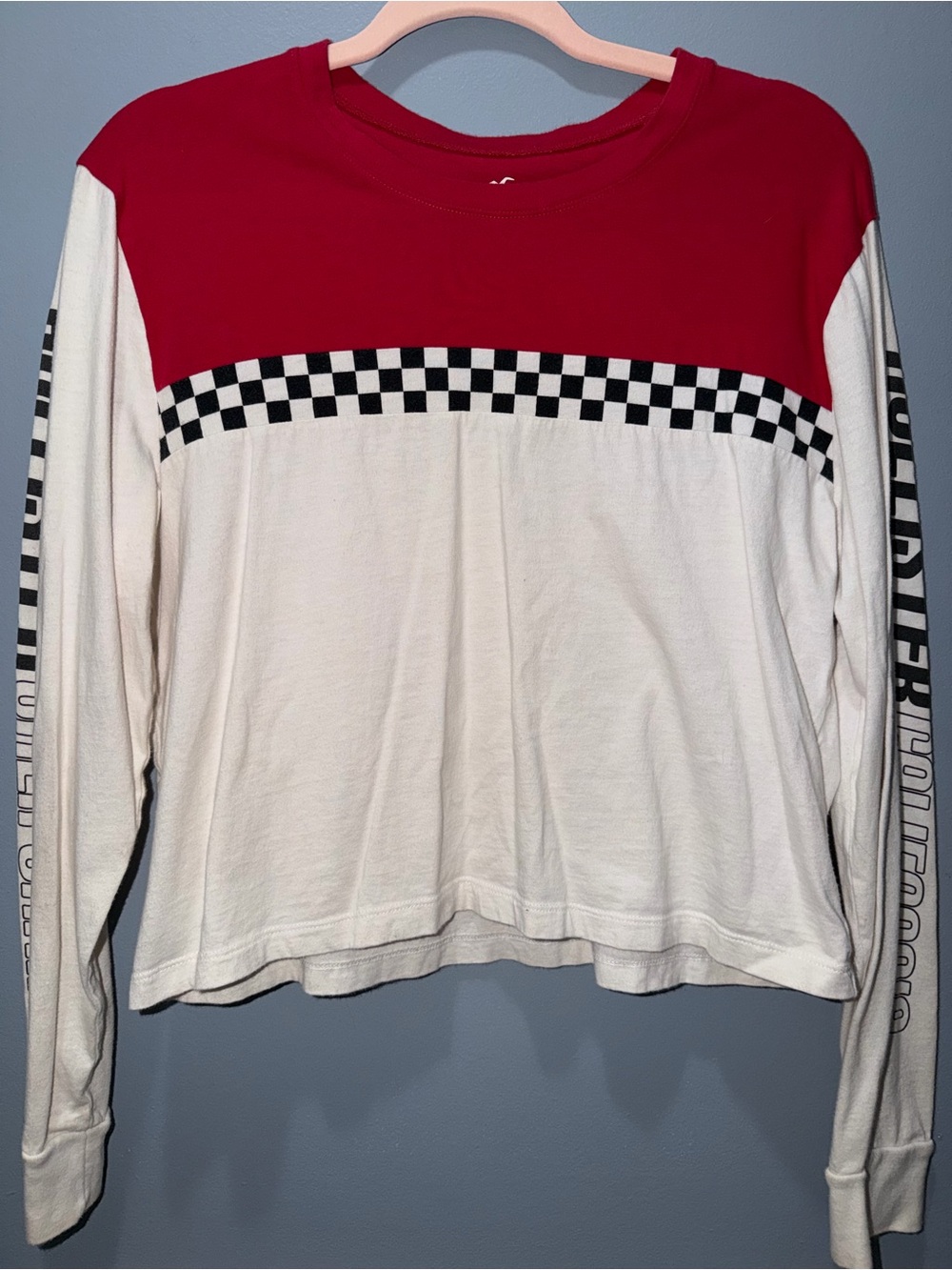 Y2K Hollister Red & White Colorblock Checkerboard Long-Sleeve Tee